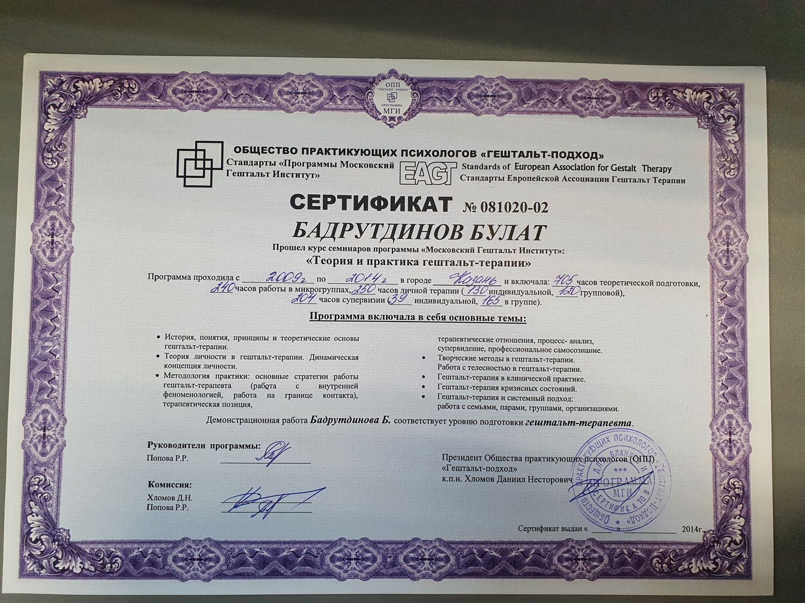 Сертификат «Теория и практика гештальт-терапии» 2009-2014